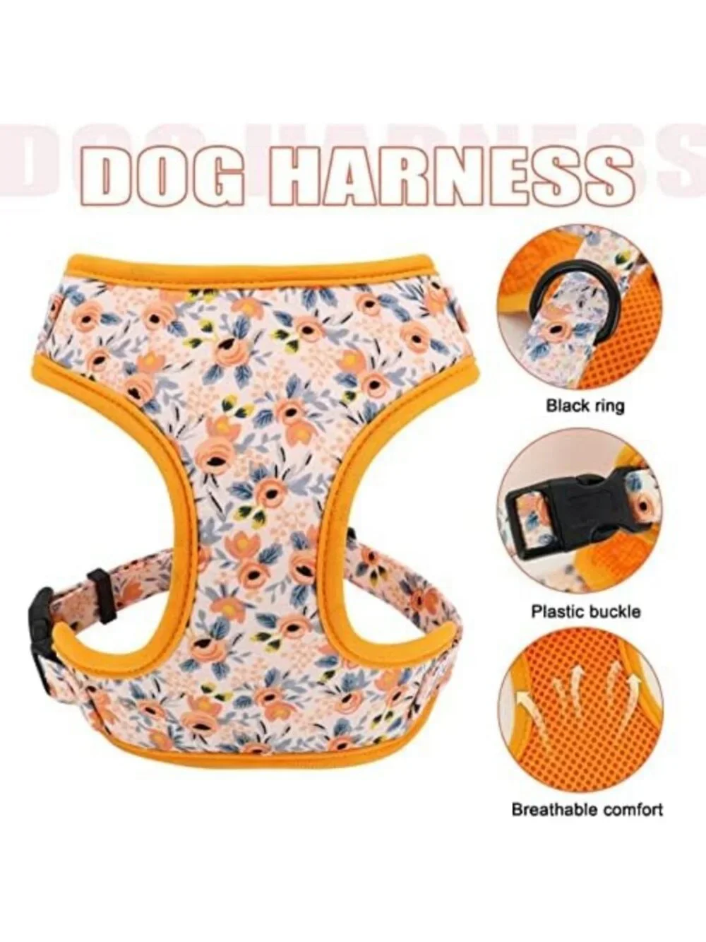 Floral Pattern Dog Collar, Harness & Leash Set - Cute Orange Design, Small Size